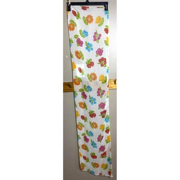 White Floral Scarf Sheer Poly Rectangular Colorful Arty Flowers Womens 60x12" - Picture 3 of 8